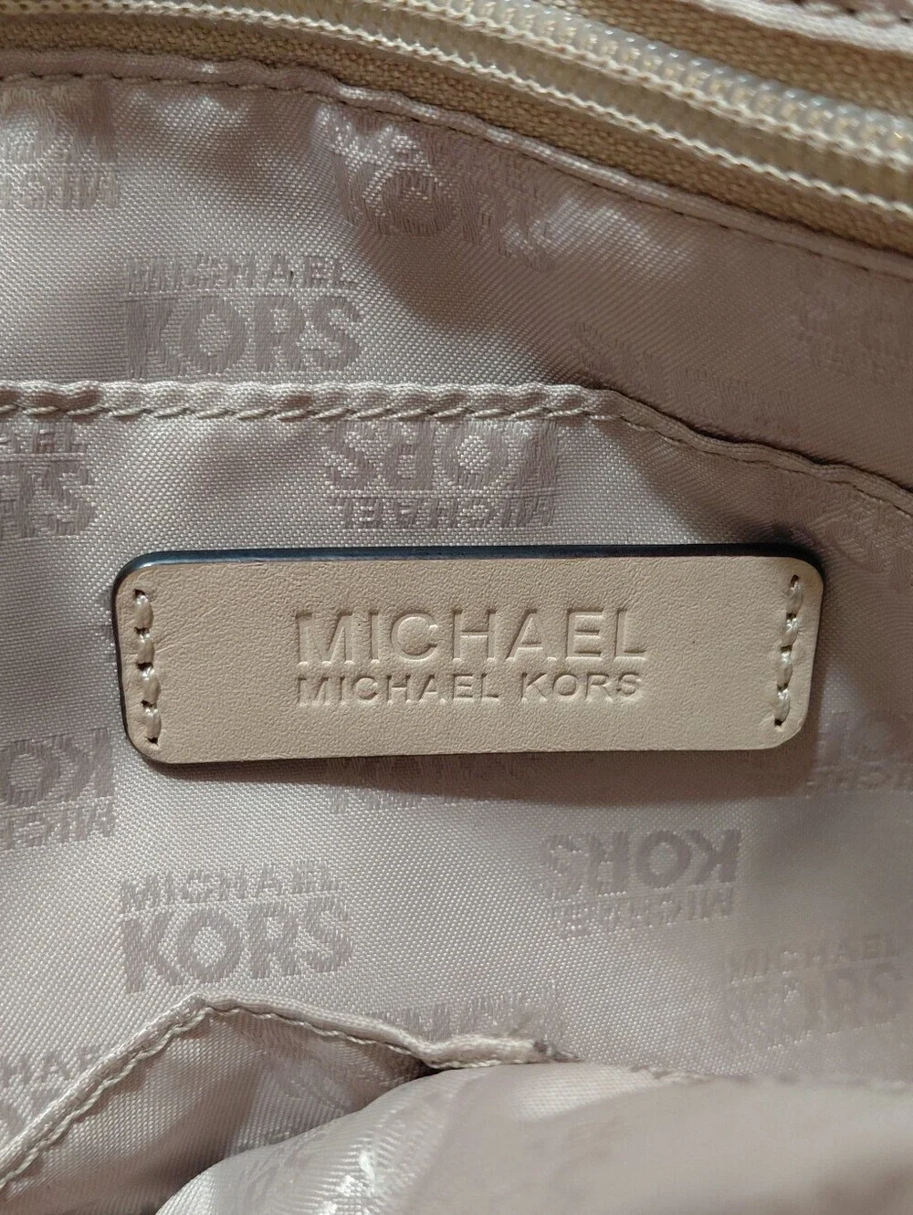 Michael Kors Peach Beige Leather Tote Shoulder Bag w Gold MK Charm